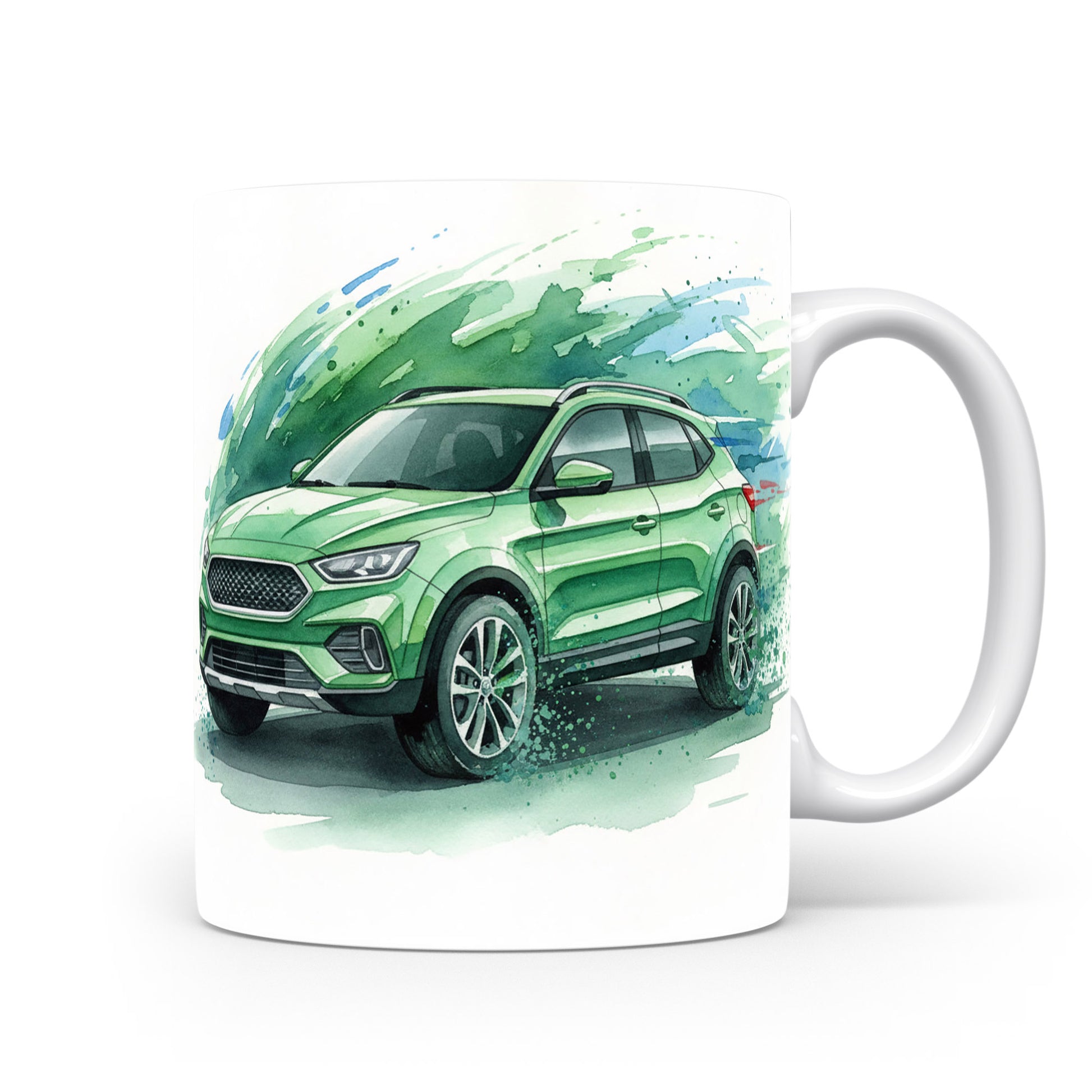 Zelené SUV na travnaté cestě na hrnku