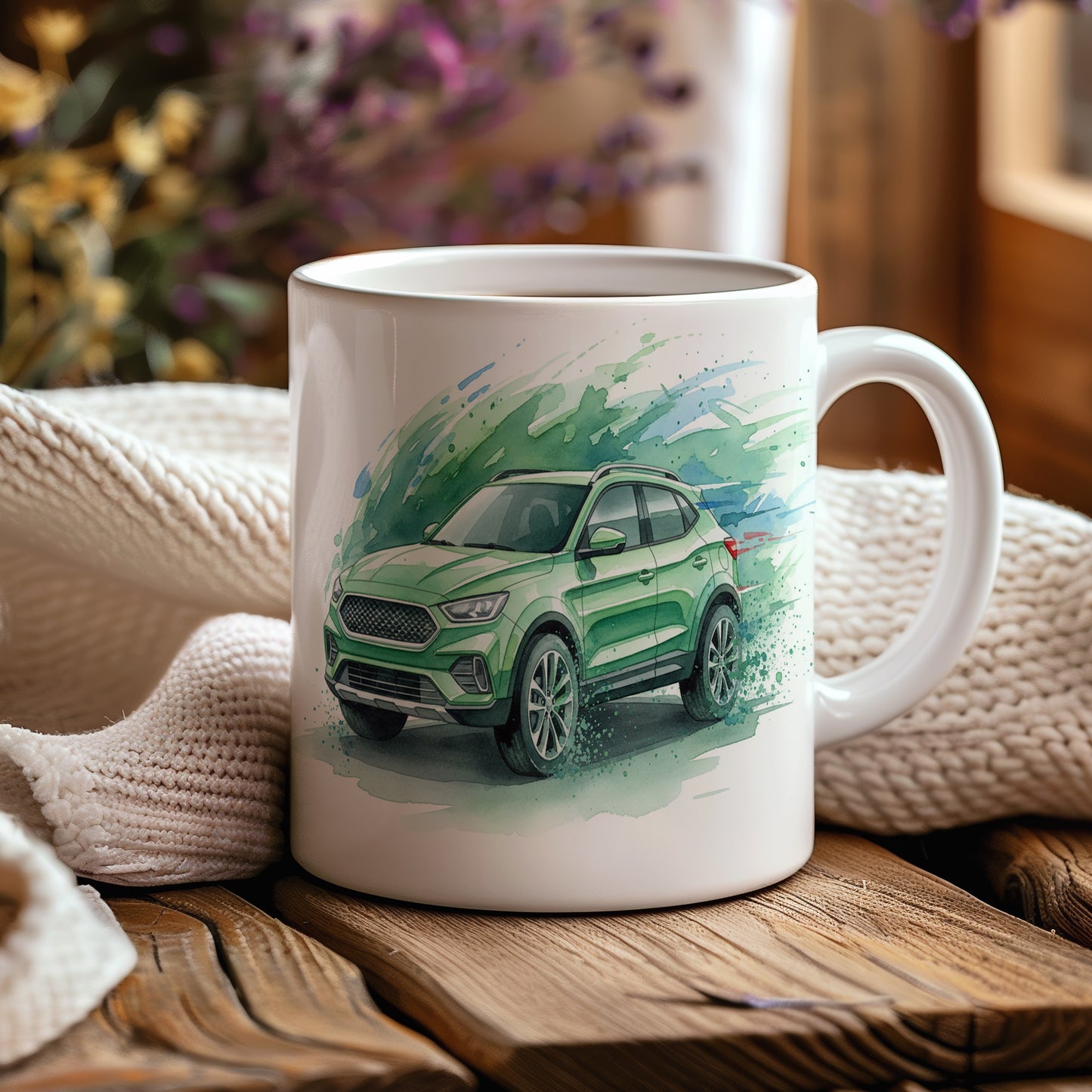 Hrnek se zeleným SUV na travnaté cestě