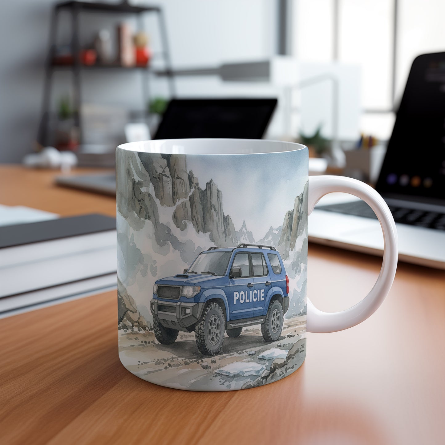Hrnek s policejním vozem v horách