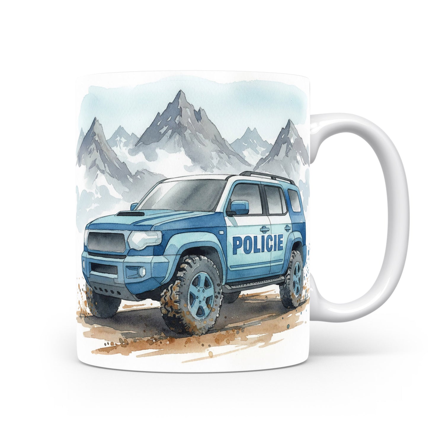 Policejní SUV v horách na hrnku