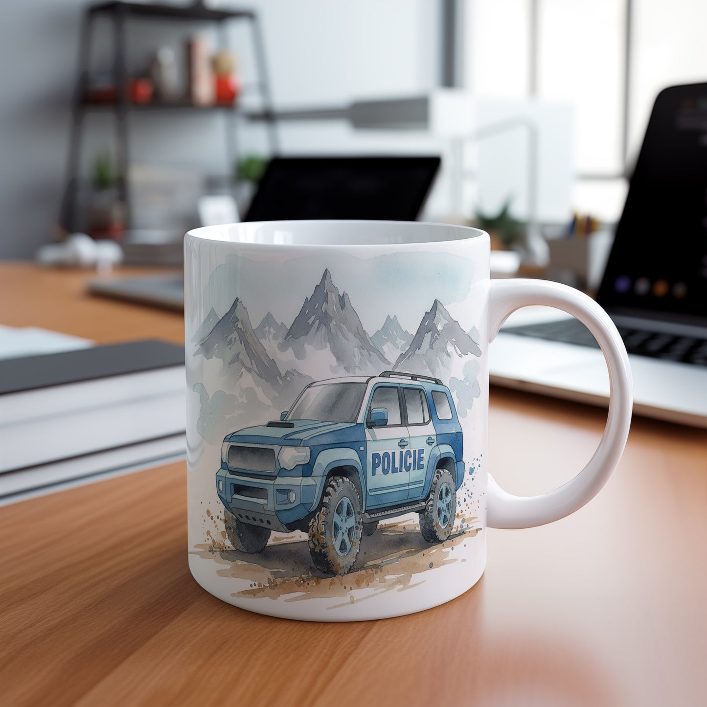 Hrnek s policejním SUV v horách