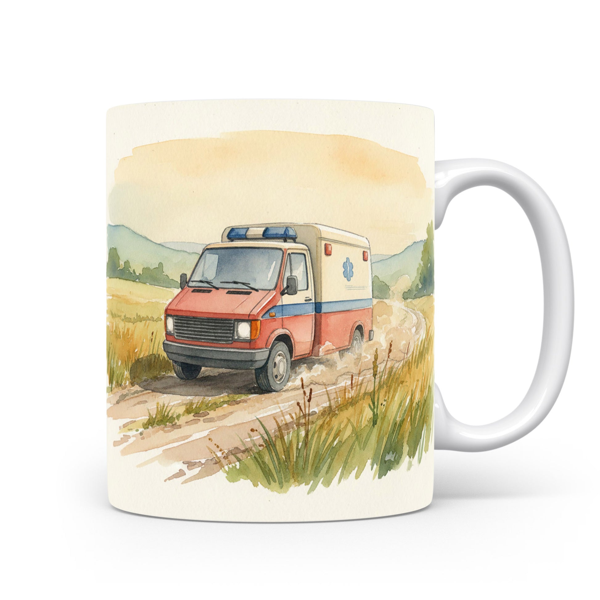 Akvarelový motiv ambulance na venkovské cestě