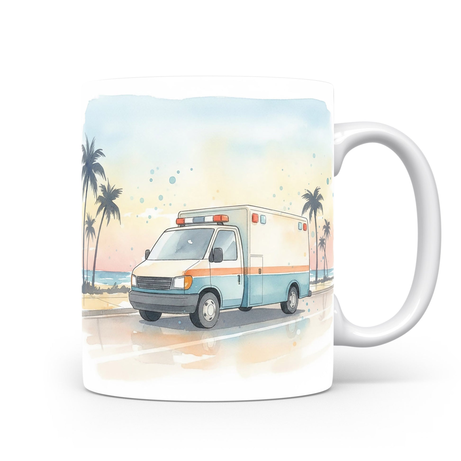 Akvarelový motiv sanitky a palem na hrnku