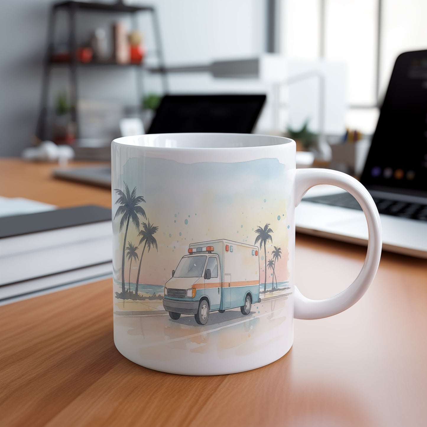 Hrnek s ambulancí pod palmami