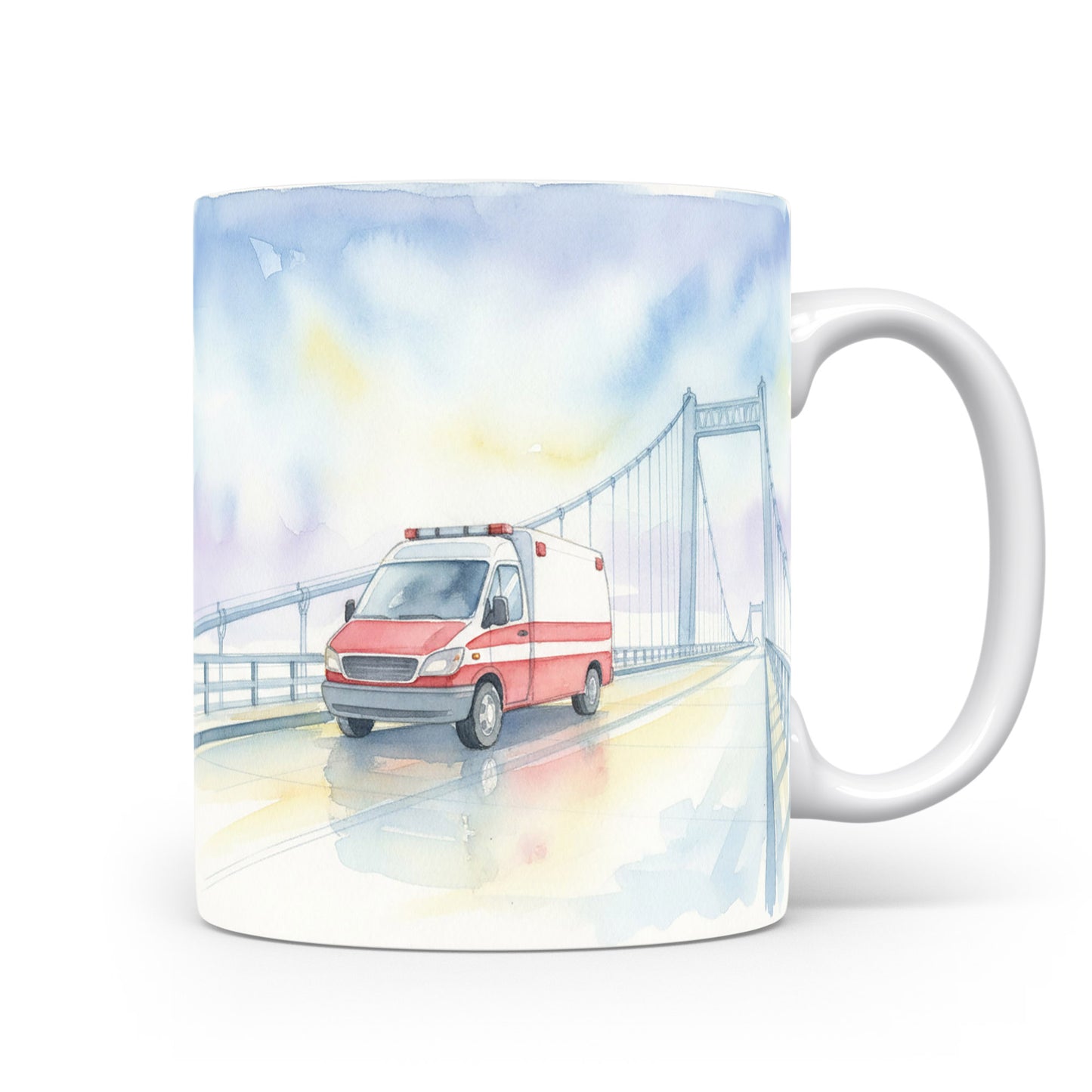 Akvarelový motiv sanitky na mostě