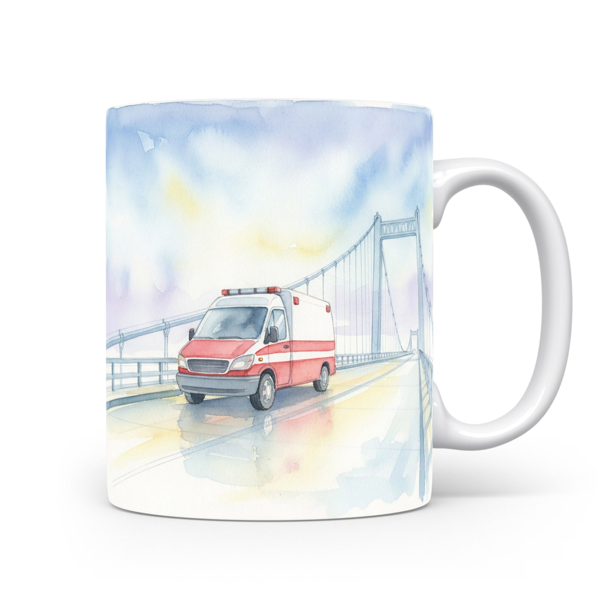 Akvarelový motiv sanitky na mostě