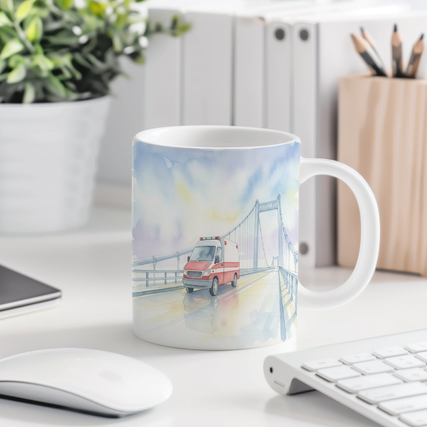 Hrnek s sanitkou na mostě