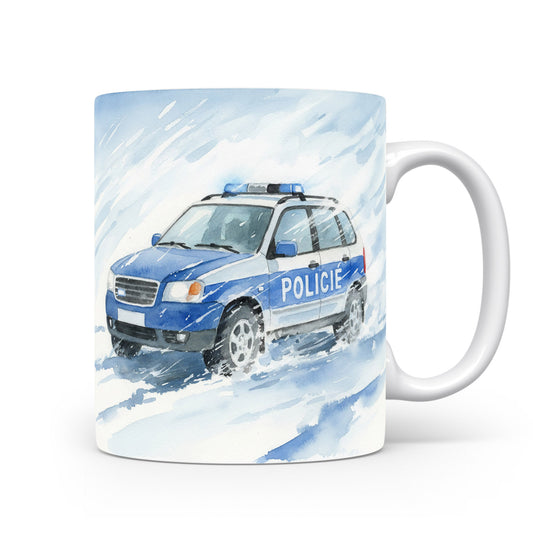 Policejní vůz ve sněhové bouři na hrnku