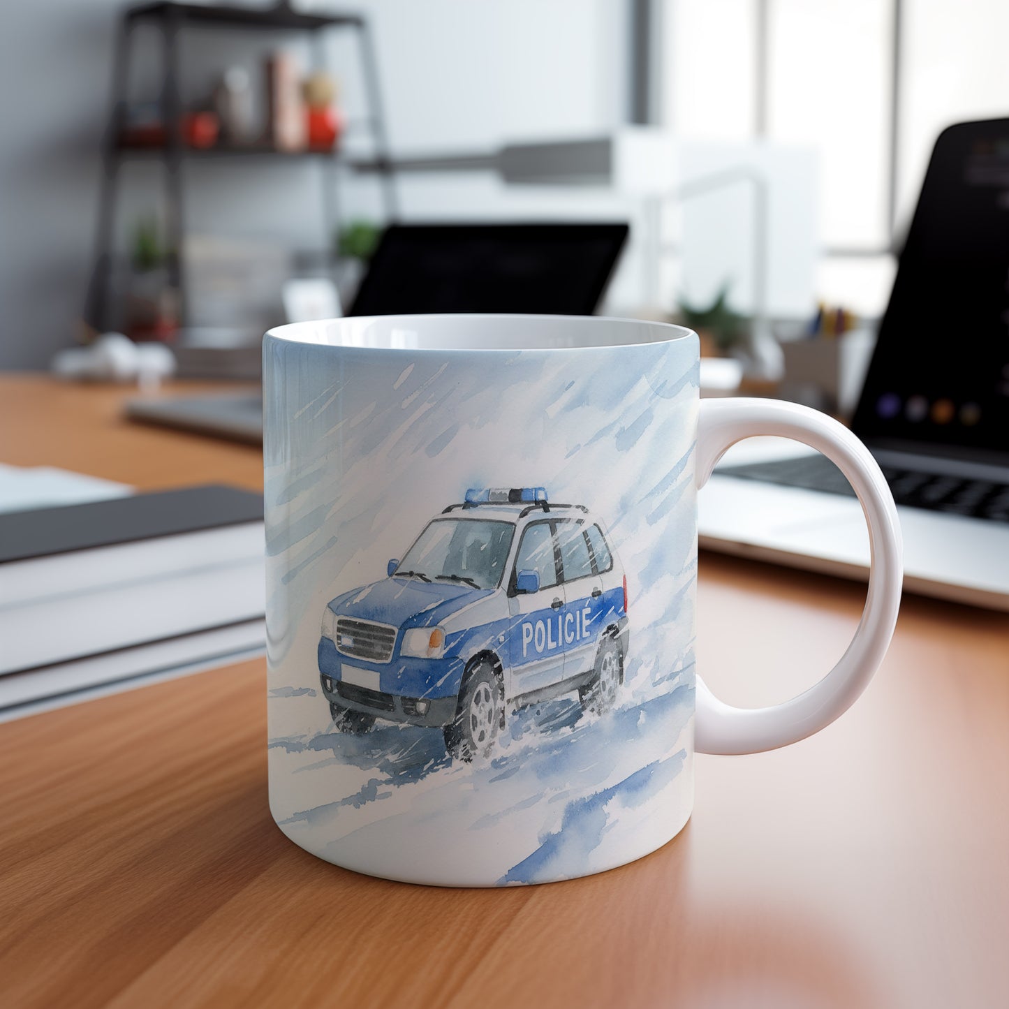 Hrnek s policejním vozem ve sněhové bouři