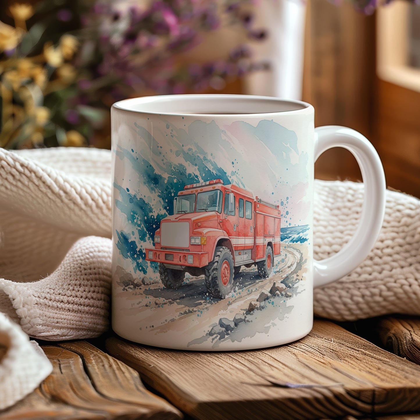 Hrnek s hasičským vozem v horách