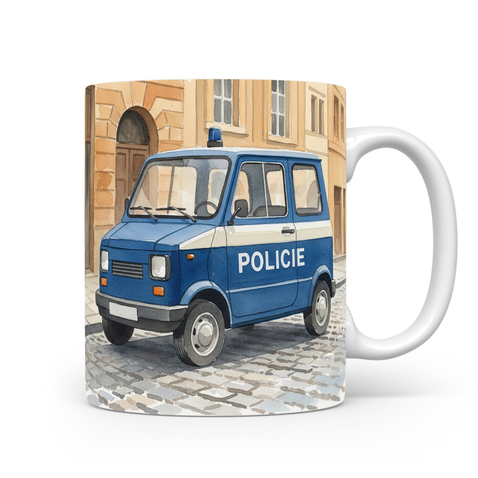 Policejní dodávka v historické ulici