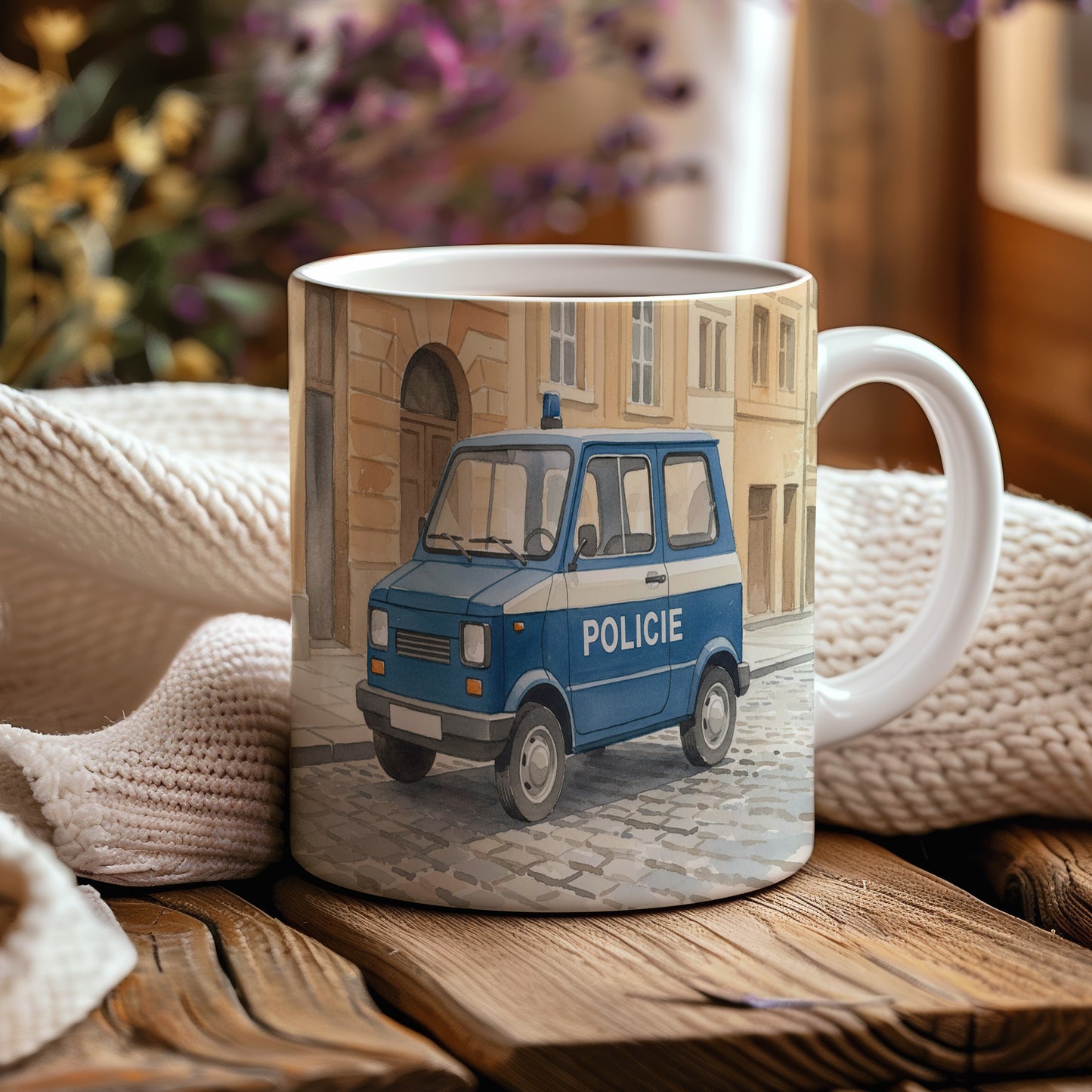 Hrnek s policejní dodávkou v historické ulici