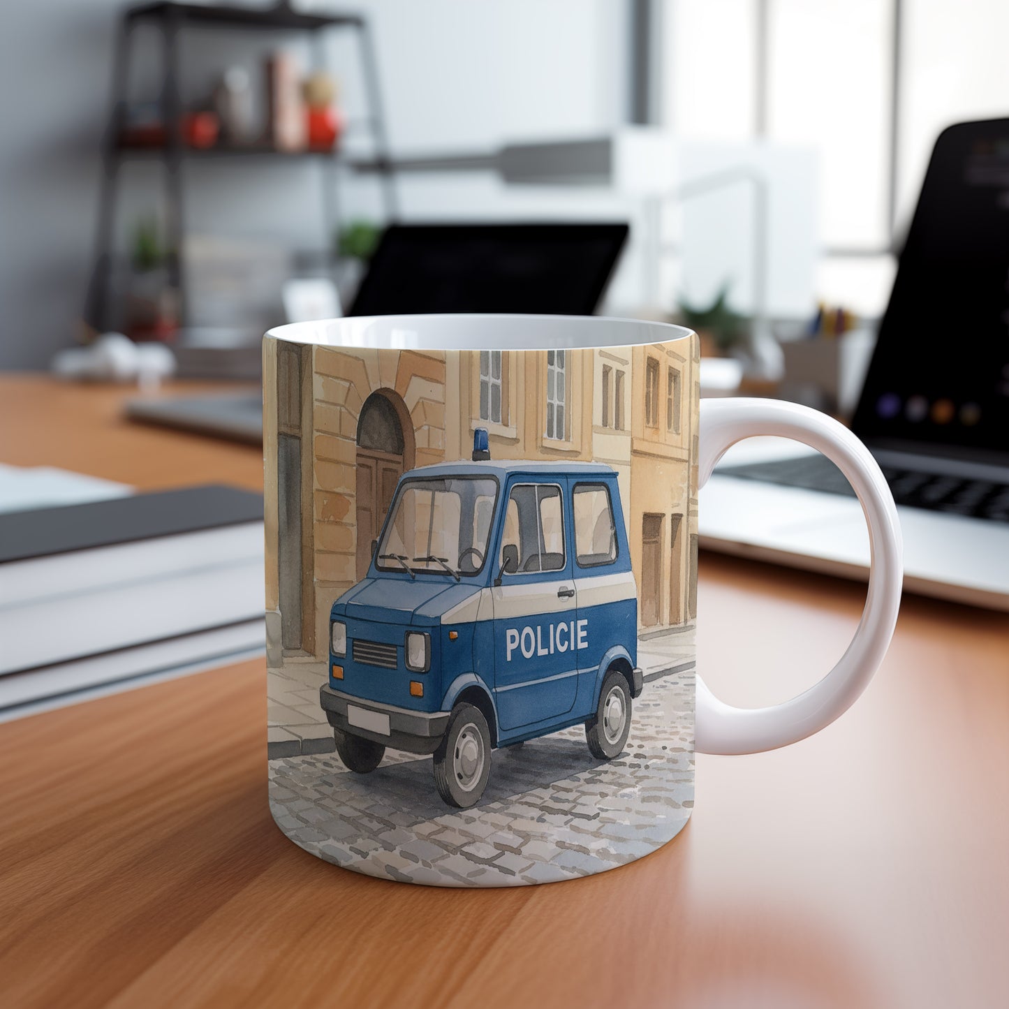 Hrnek s policejní dodávkou v historické ulici