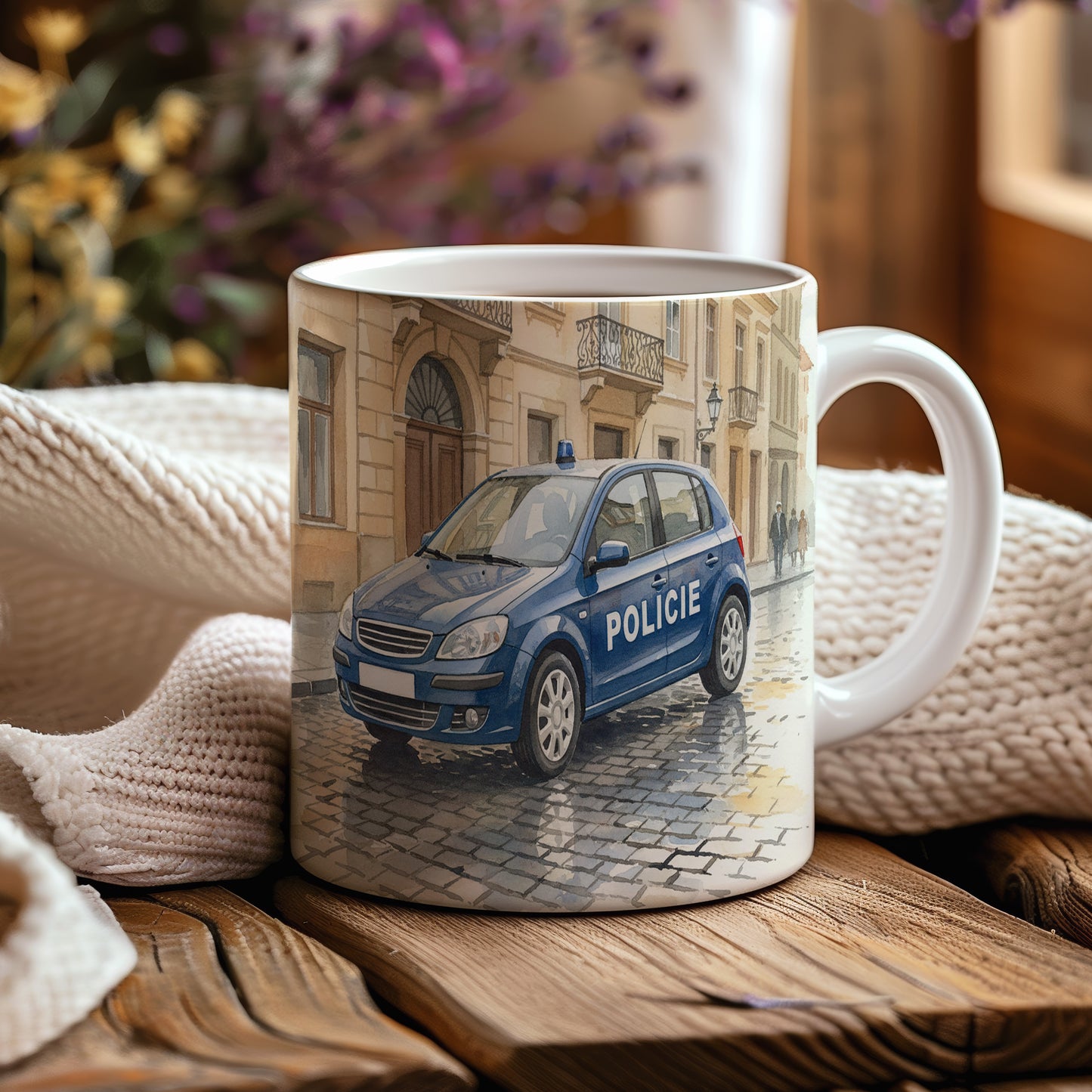 Hrnek s policejním autem na náměstí