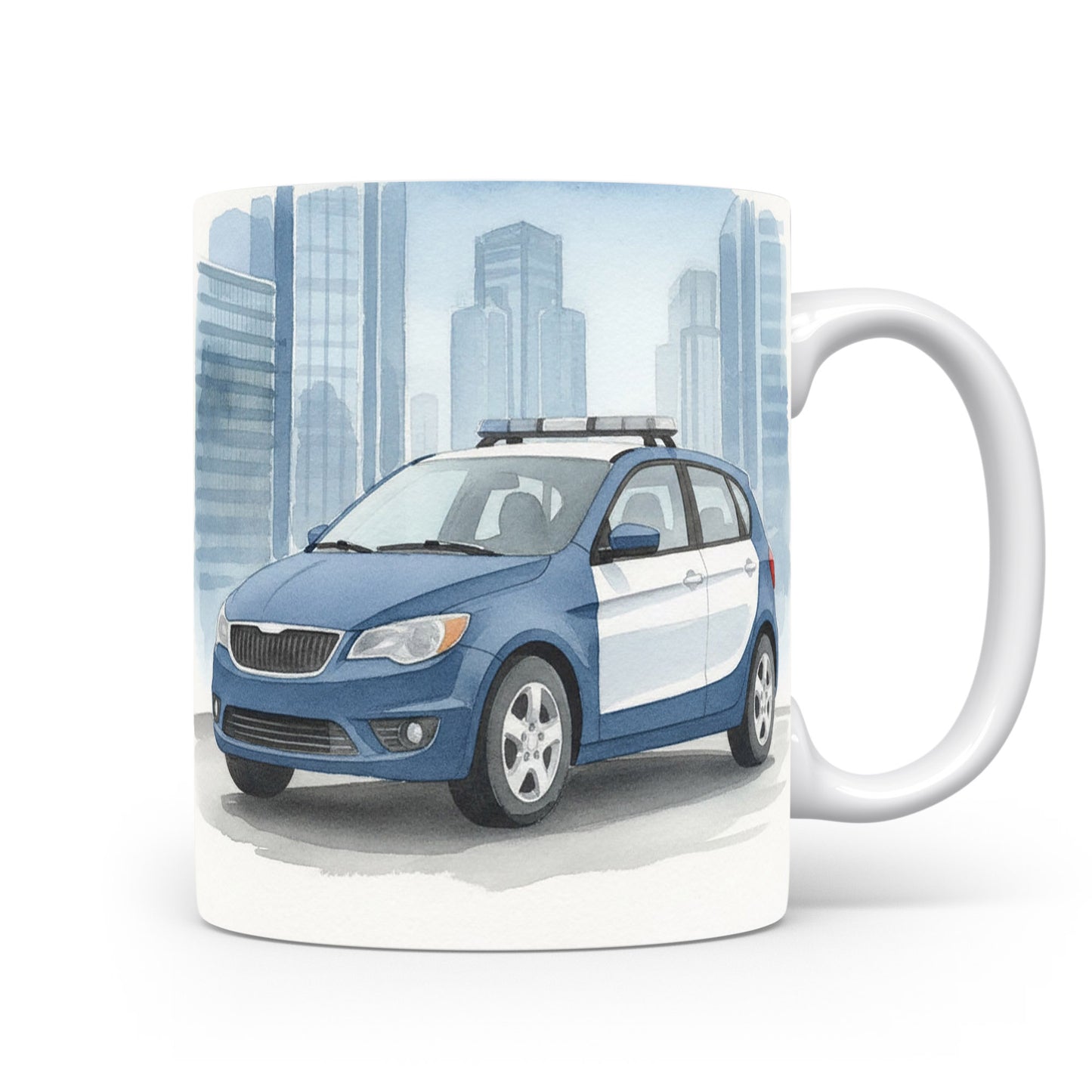 Akvarelový policejní vůz ve městě na hrnku