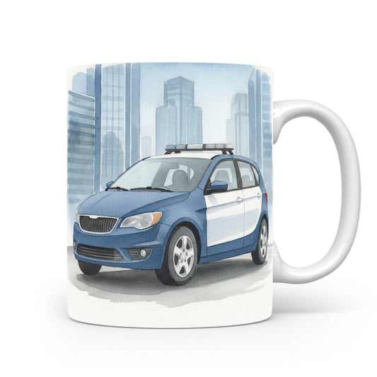 Akvarelový policejní vůz ve městě na hrnku