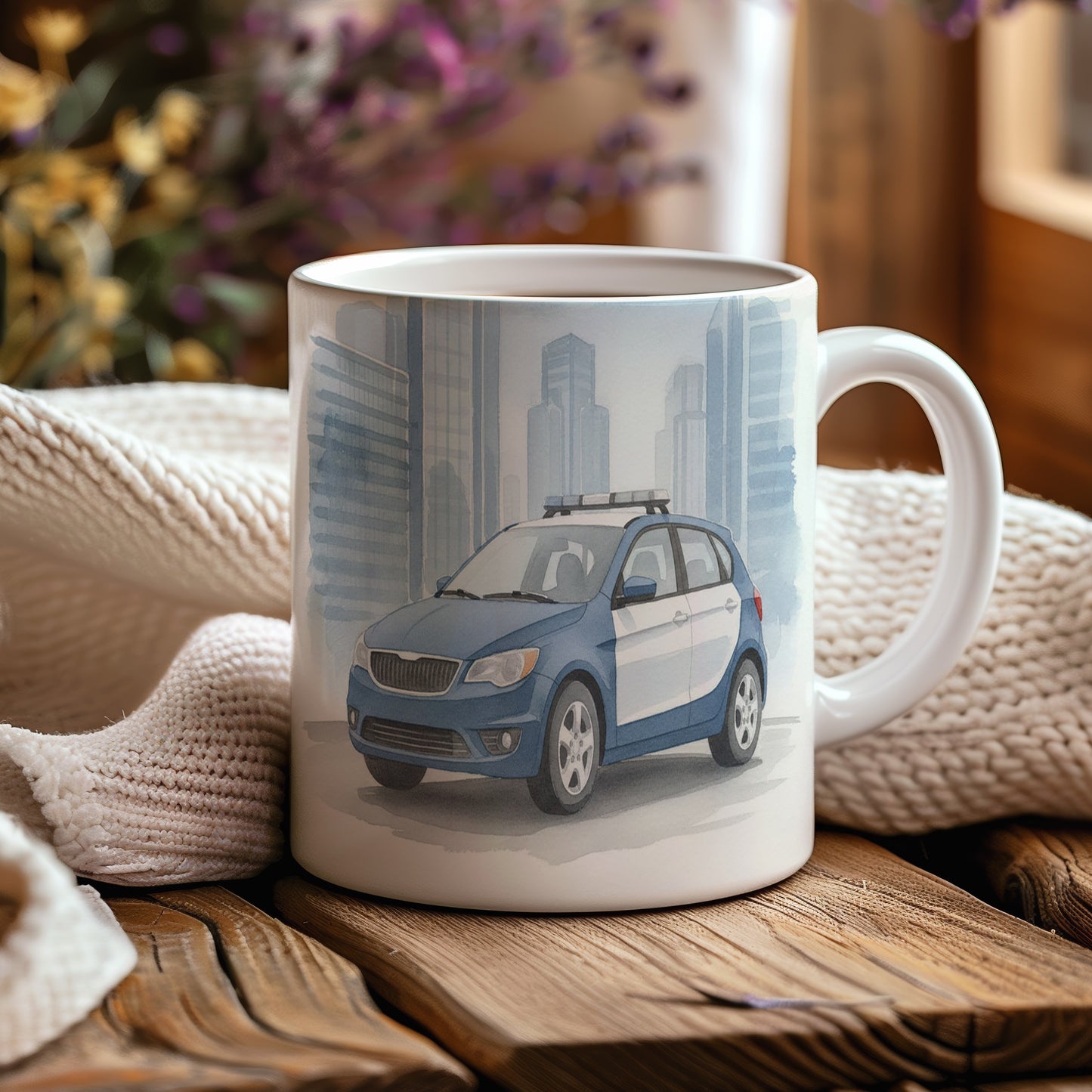 Hrnek s policejním vozem ve městě