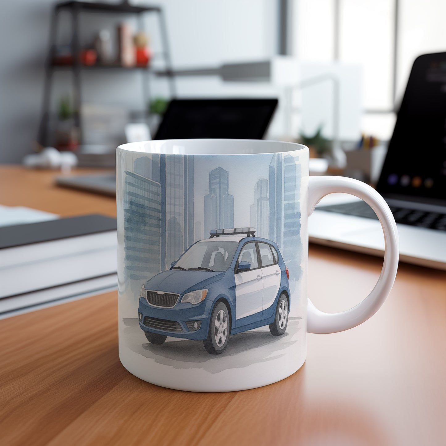 Hrnek s policejním vozem ve městě