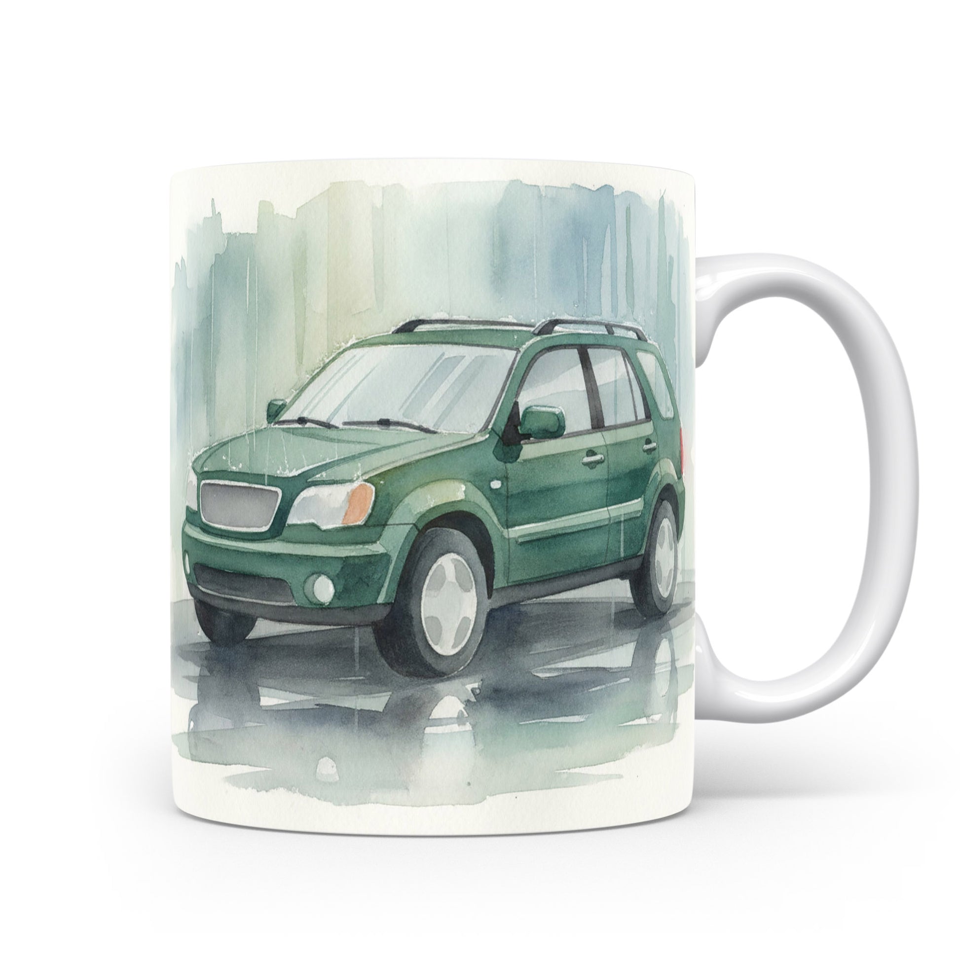 Akvarelové SUV v deštivém městě na hrnku