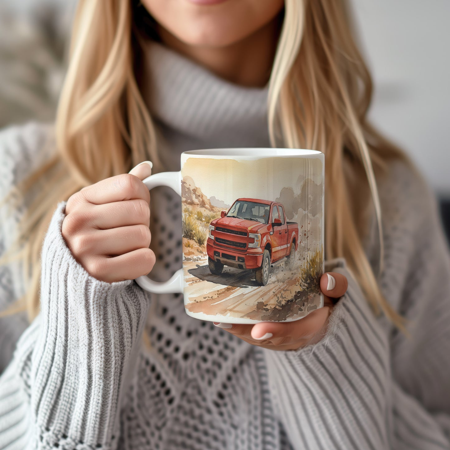 Hrnek s pickupem v pouštní krajině