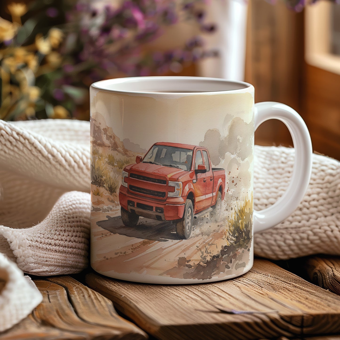 Hrnek s pickupem v pouštní krajině