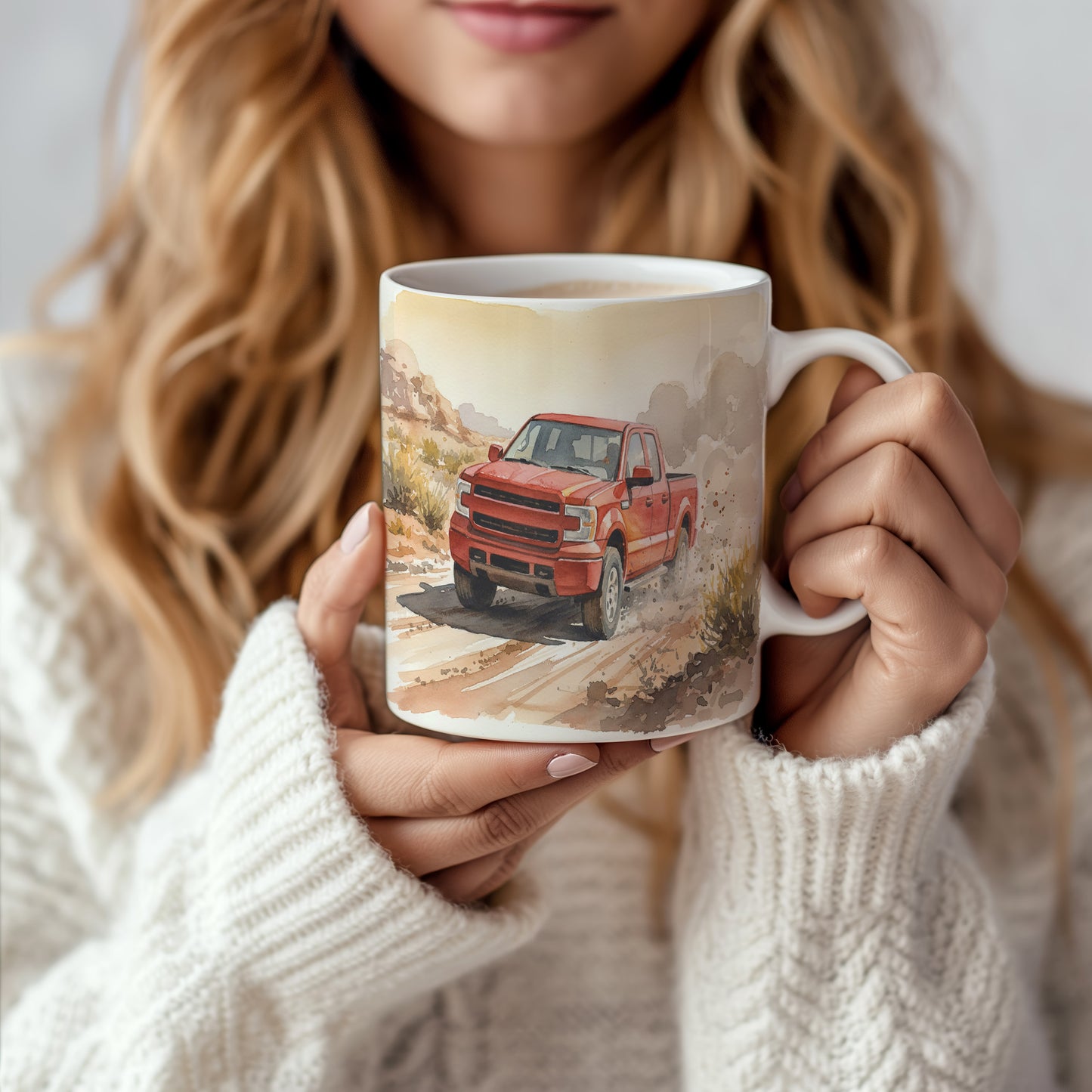 Hrnek s pickupem v pouštní krajině