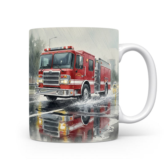 Hasičský vůz v dešti na hrnku