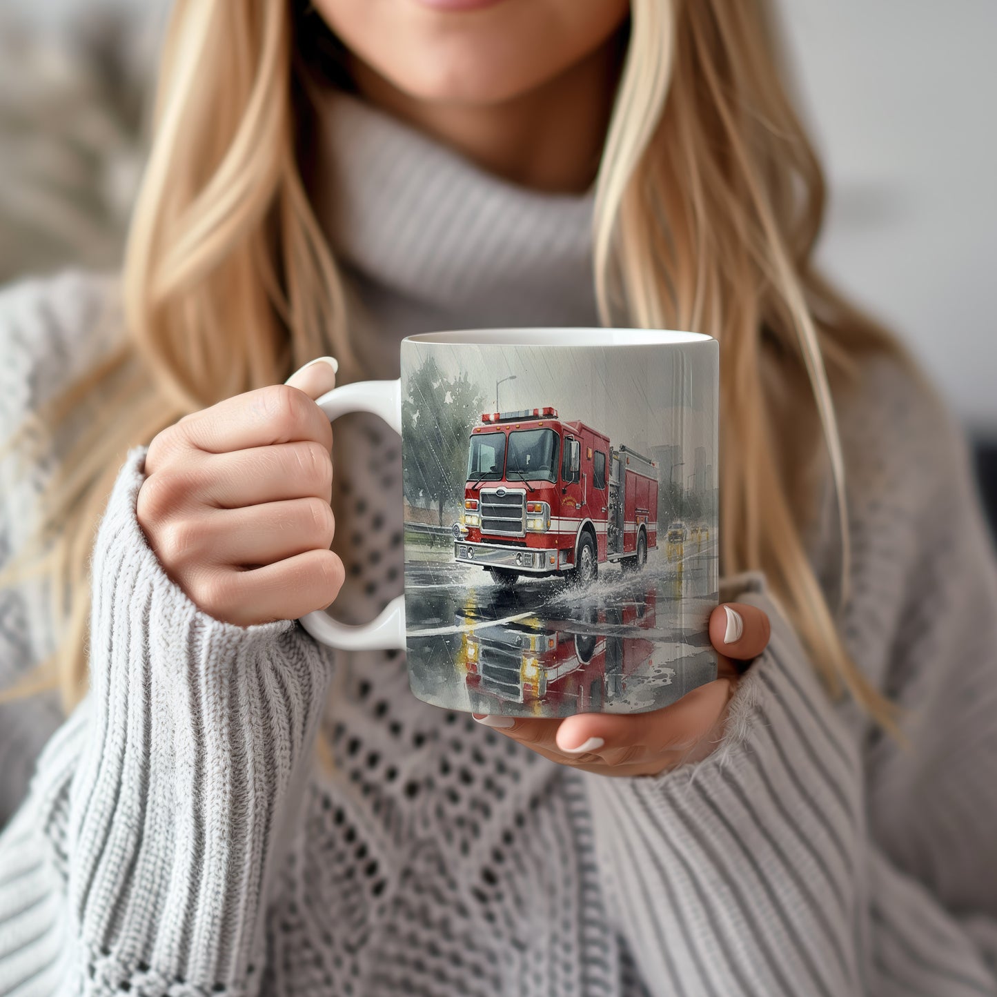 Hrnek s hasičským vozem v lijáku