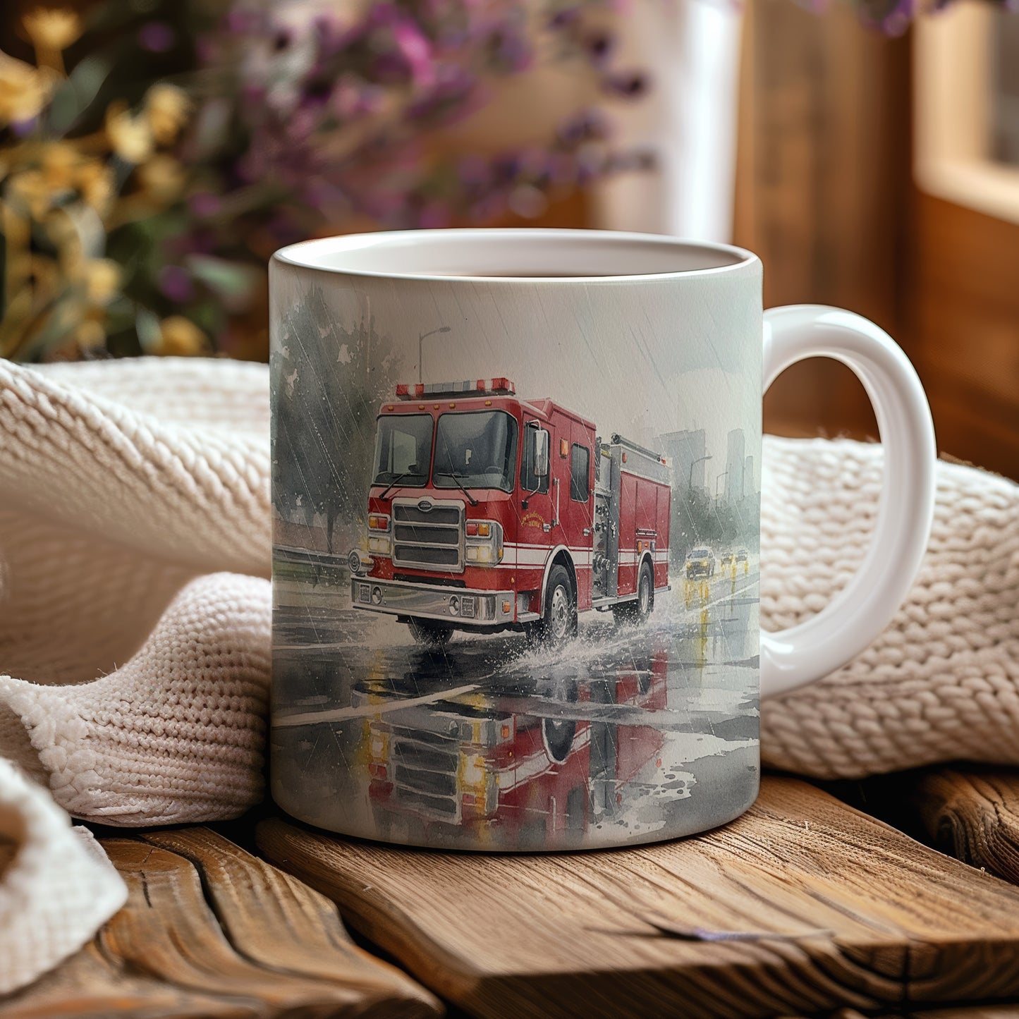 Hrnek s hasičským vozem v lijáku