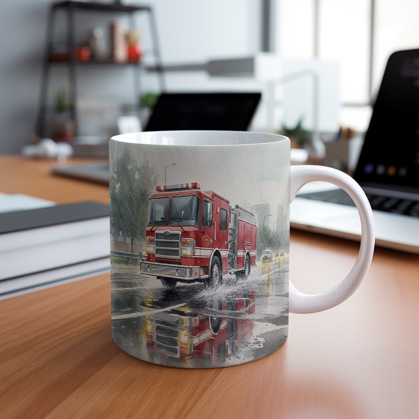 Hrnek s hasičským vozem v lijáku