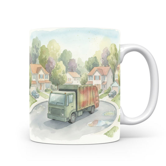 Hrnek s popelářským vozem v předměstí