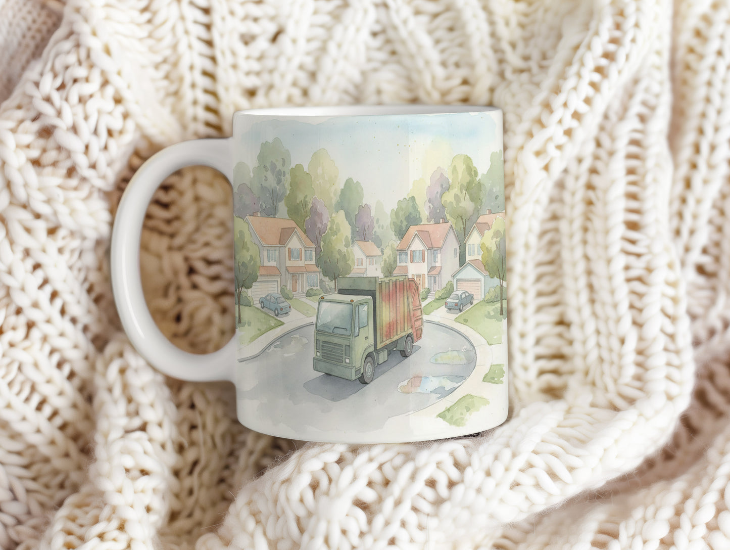 Hrnek s popelářským vozem v předměstí