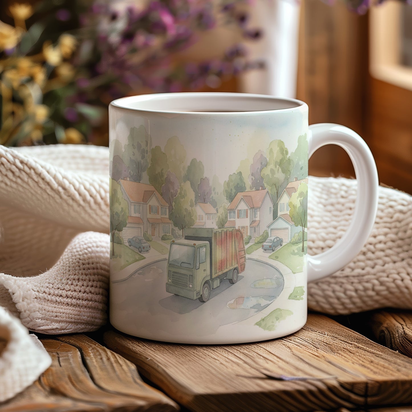 Hrnek s popelářským vozem v předměstí