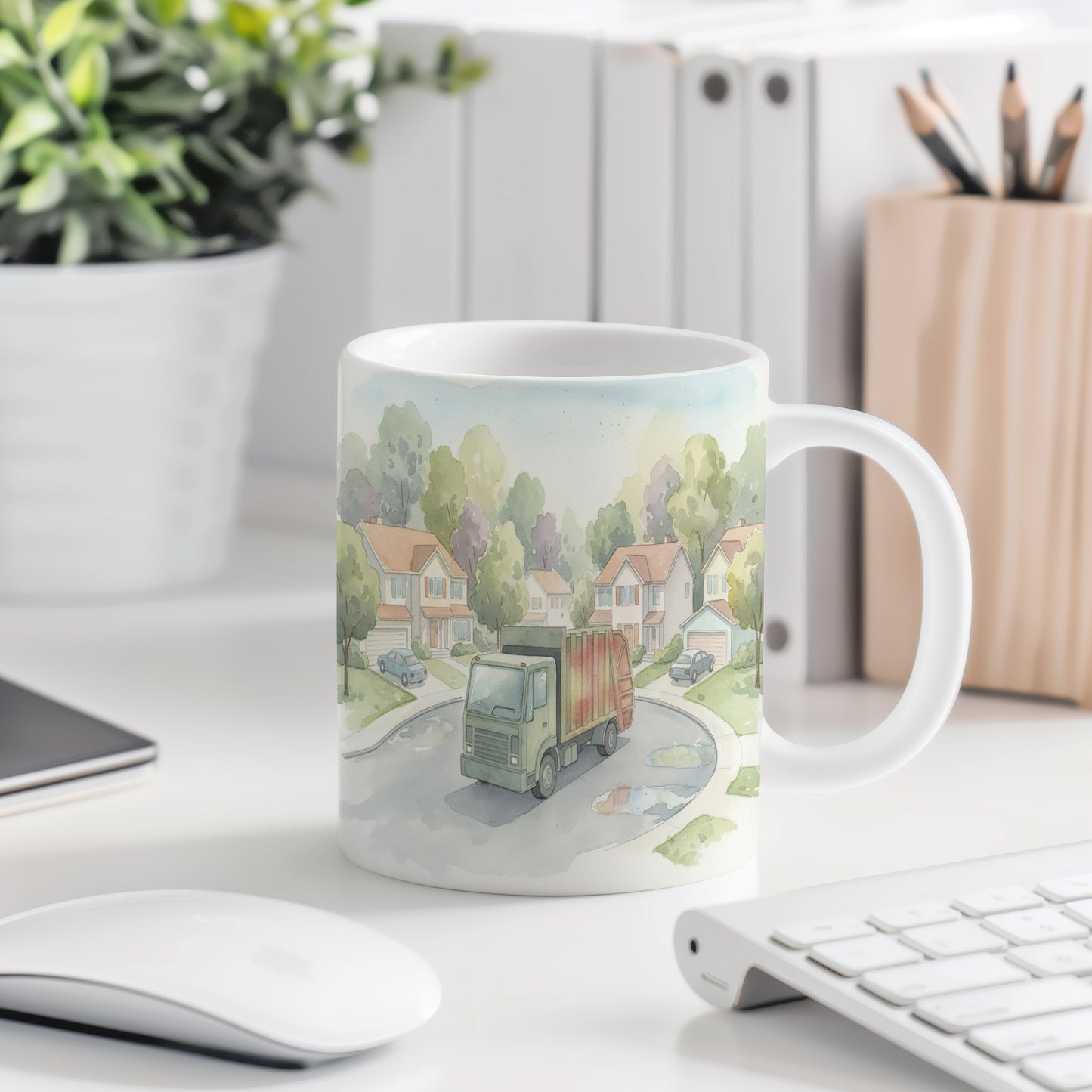 Hrnek s popelářským vozem v předměstí