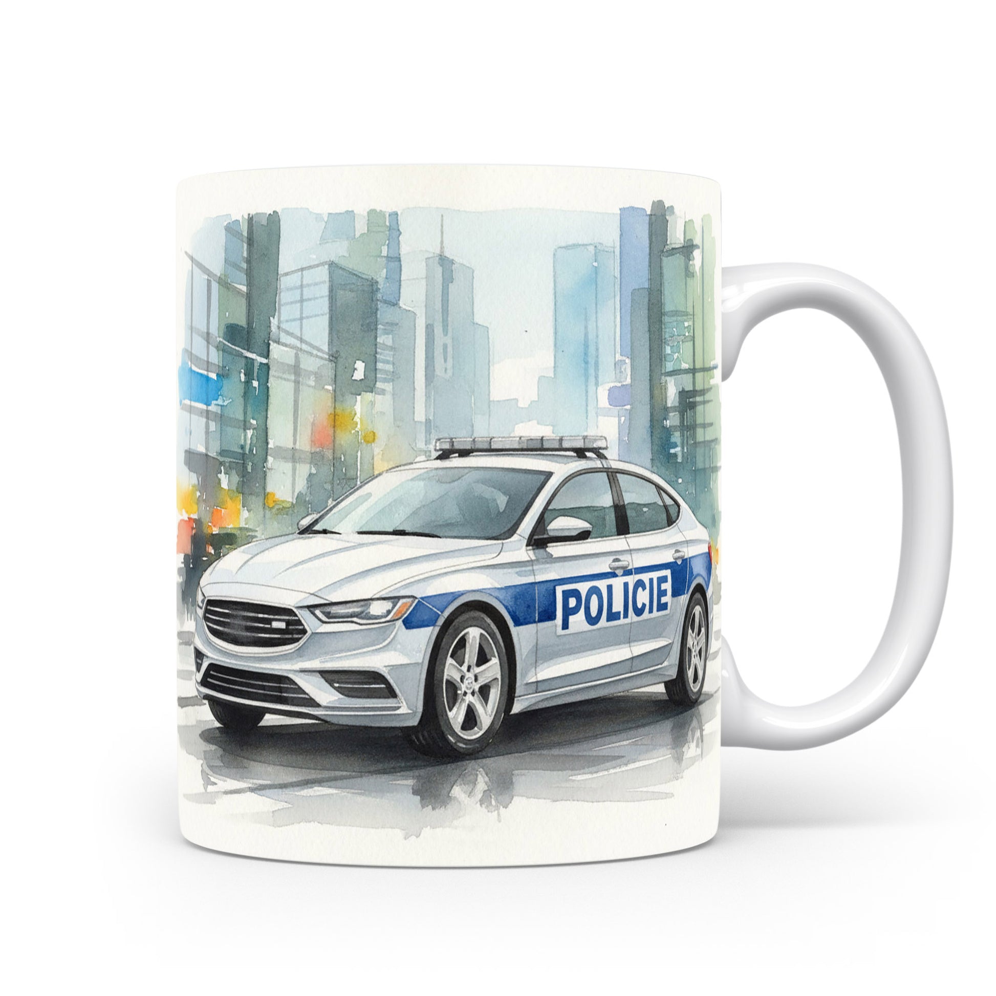 Hrnek s policejním vozem v akvarelu