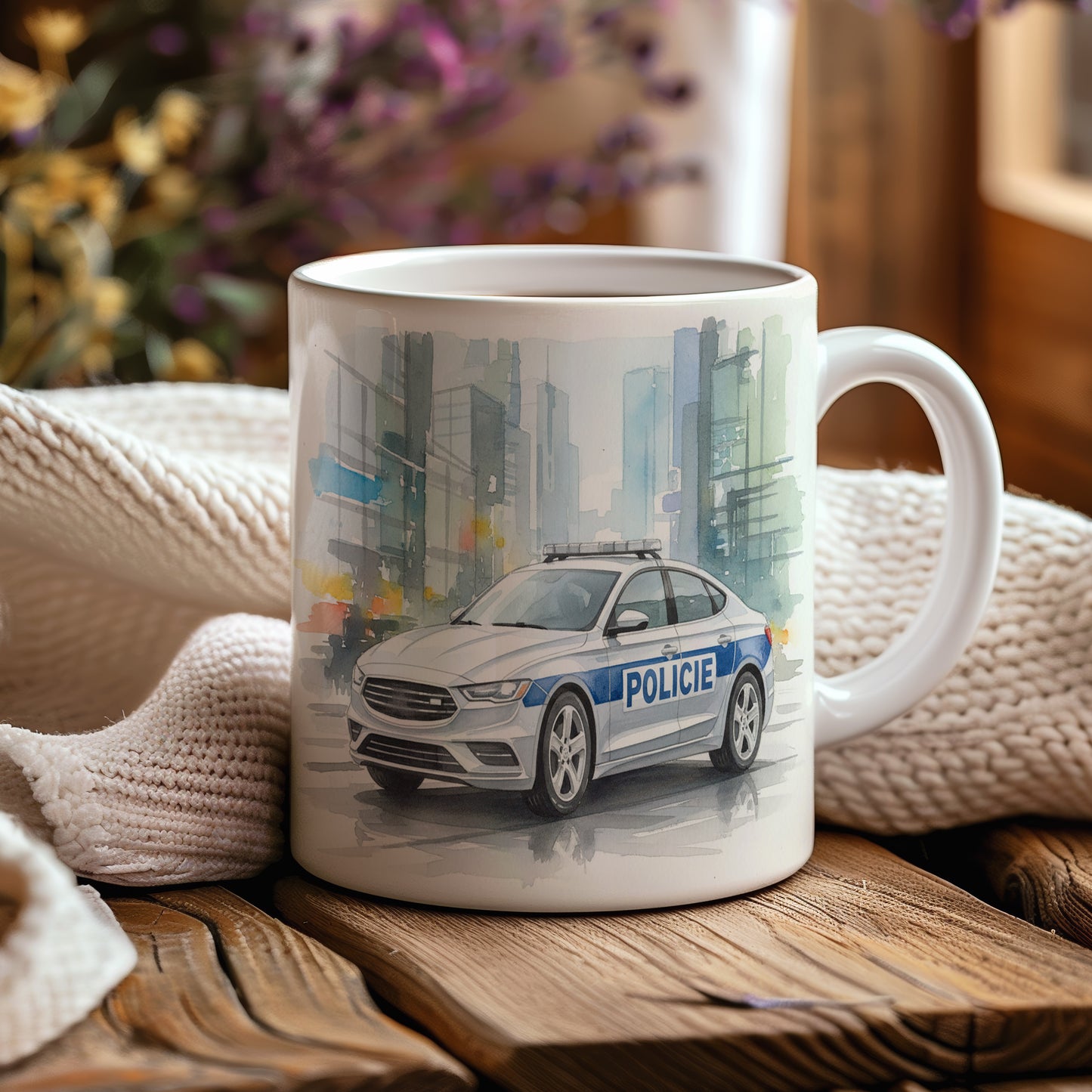 Hrnek s policejním vozem v ulicích města