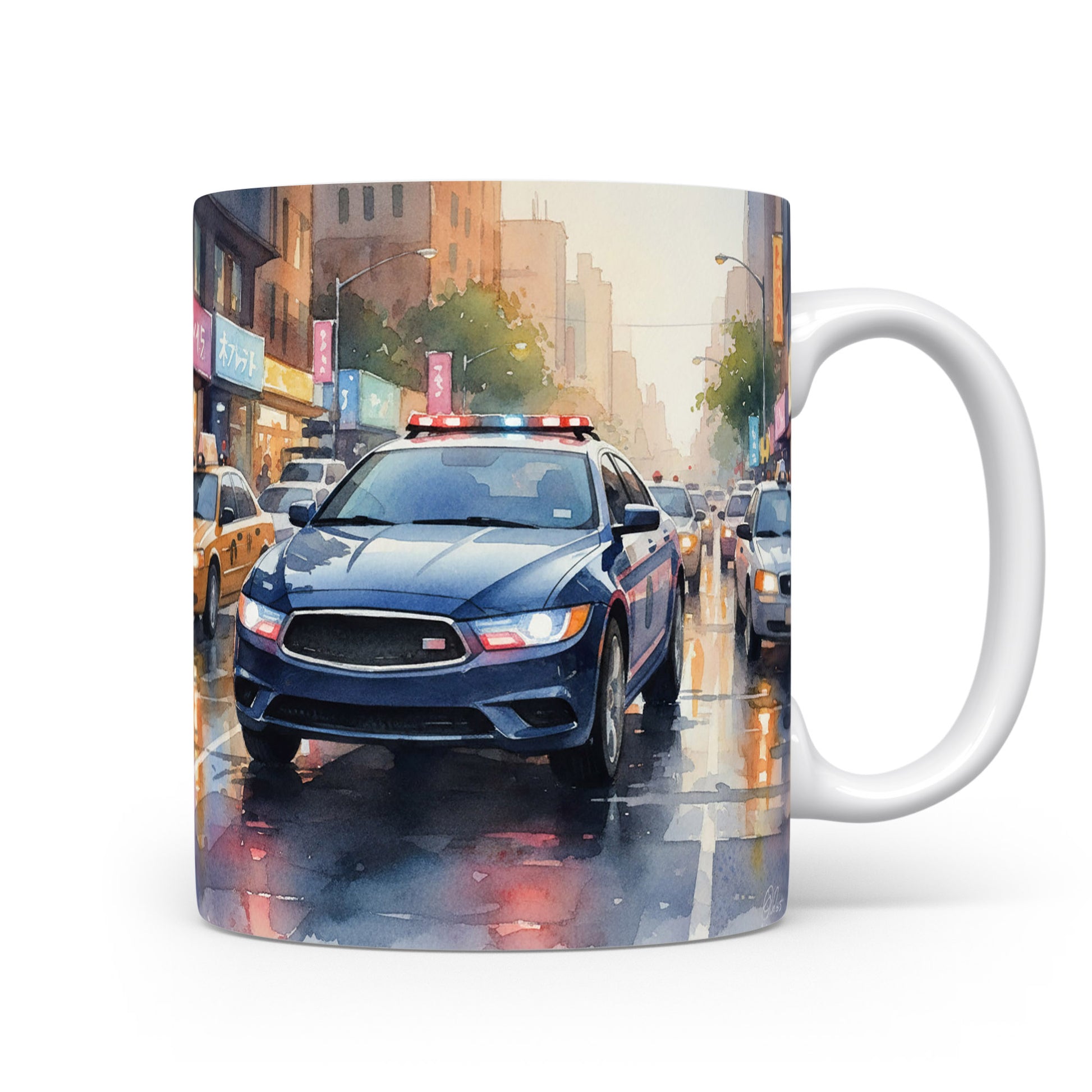 Policejní vůz v dešti na hrnku