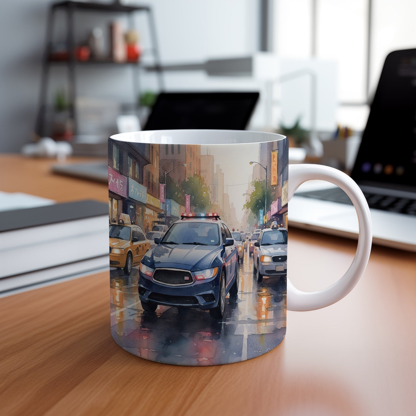 Hrnek s policejním vozem v dešti