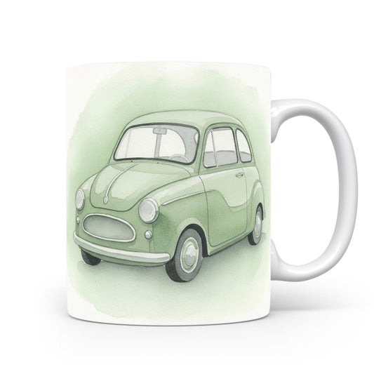 Hrnek s retro autem v zahradě