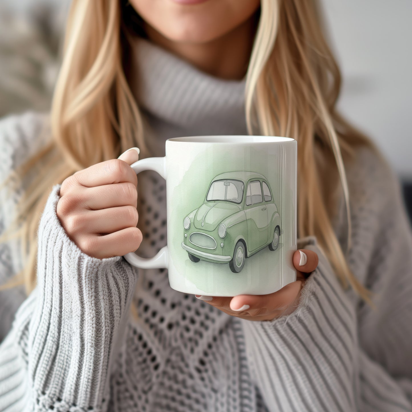 Hrnek s retro autem v zahradě