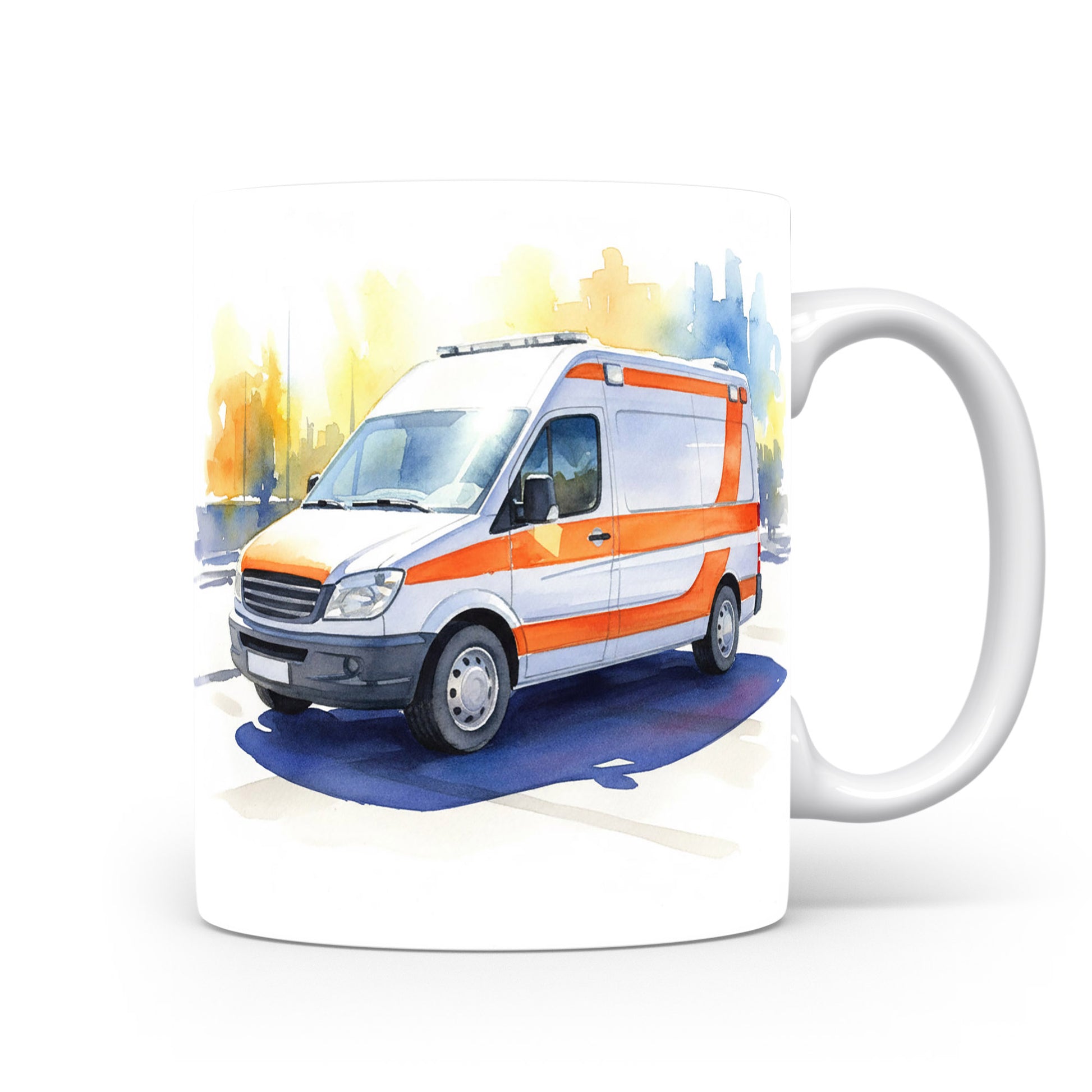 Akvarelový hrnek se sanitkou na slunečné ulici