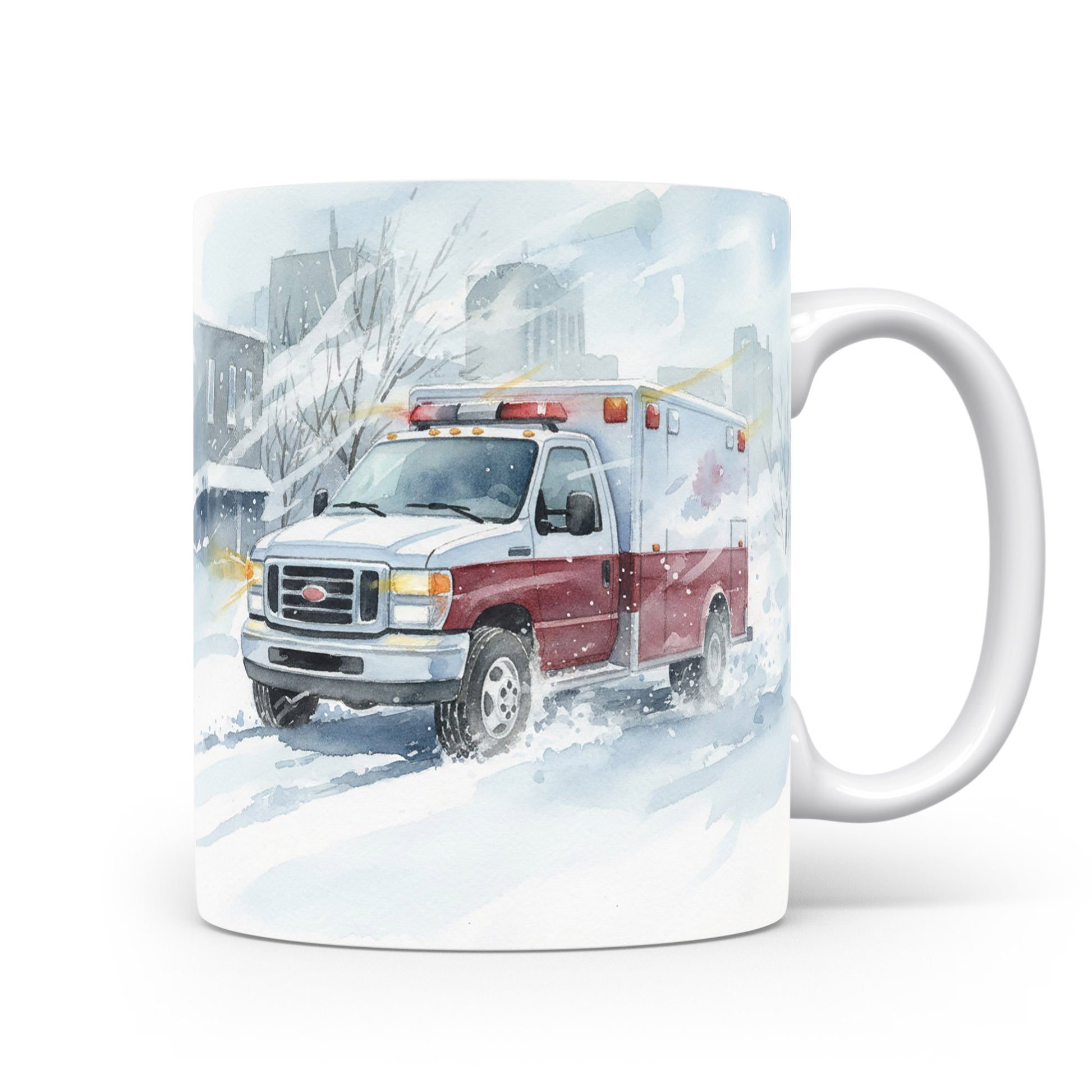 Hrnek s ambulancí v zasněžené ulici