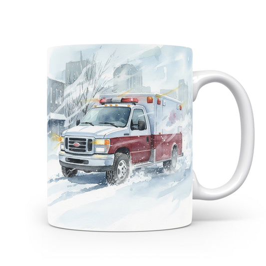 Hrnek s ambulancí v zasněžené ulici