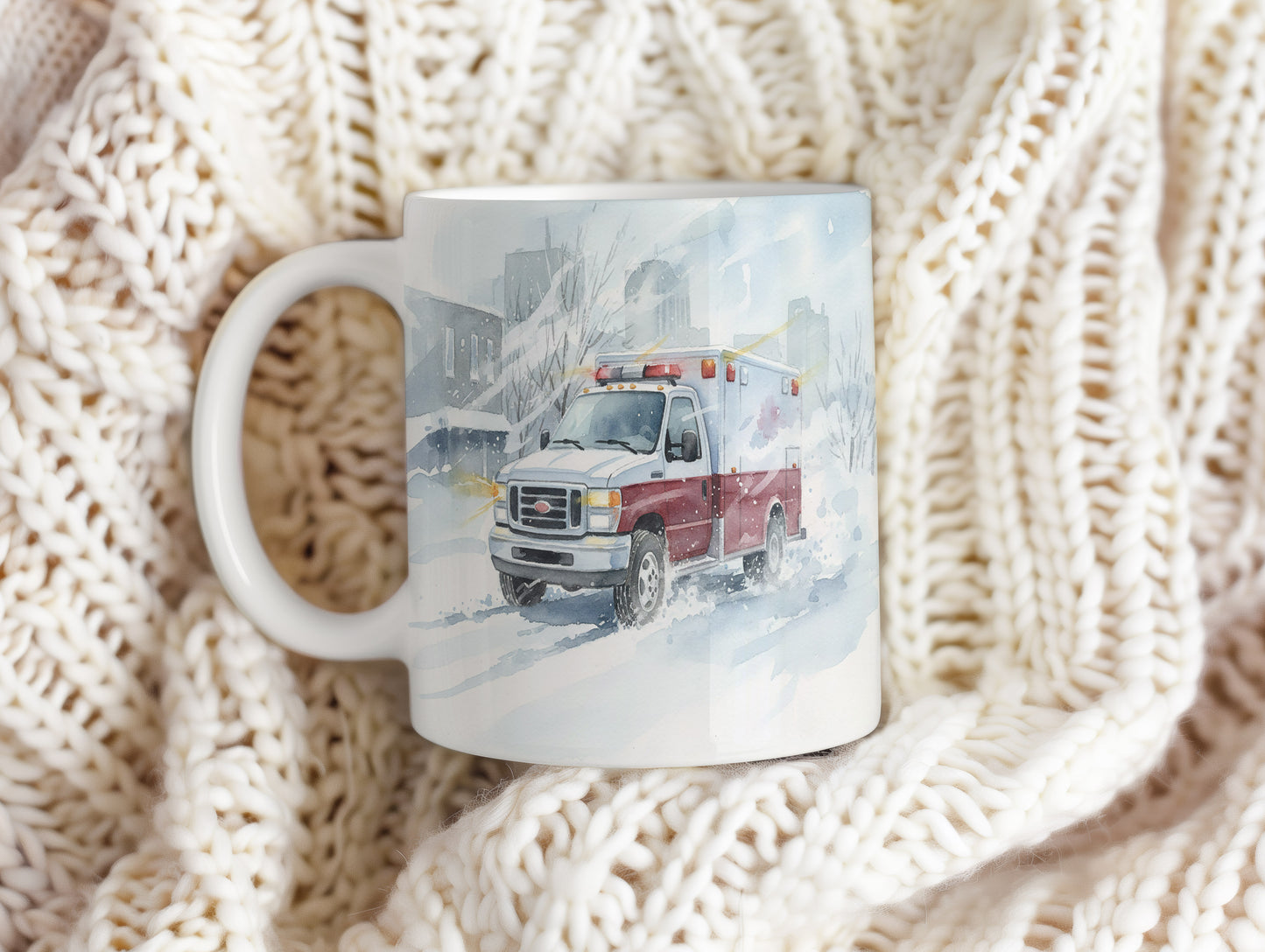 Hrnek s ambulancí v zasněžené ulici