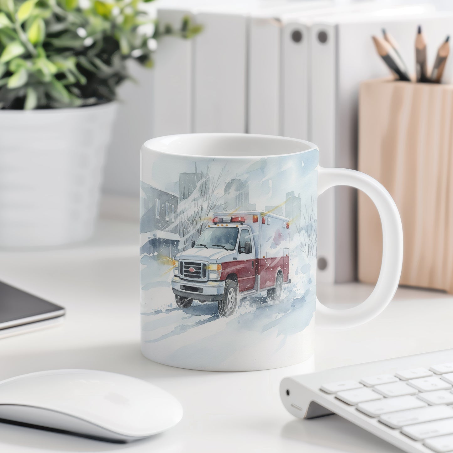 Hrnek s ambulancí v zasněžené ulici