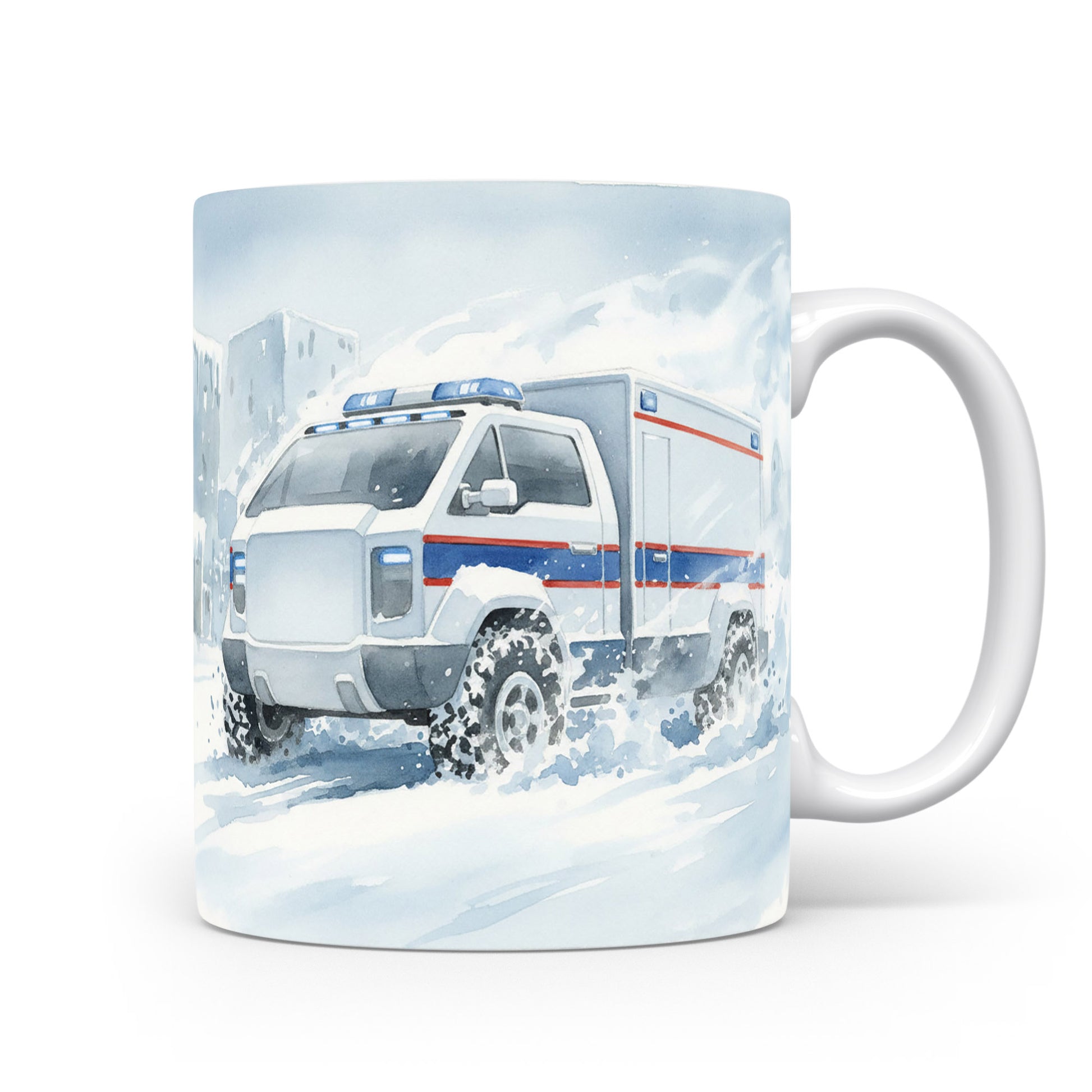 Hrnek s terénní sanitkou ve sněhu