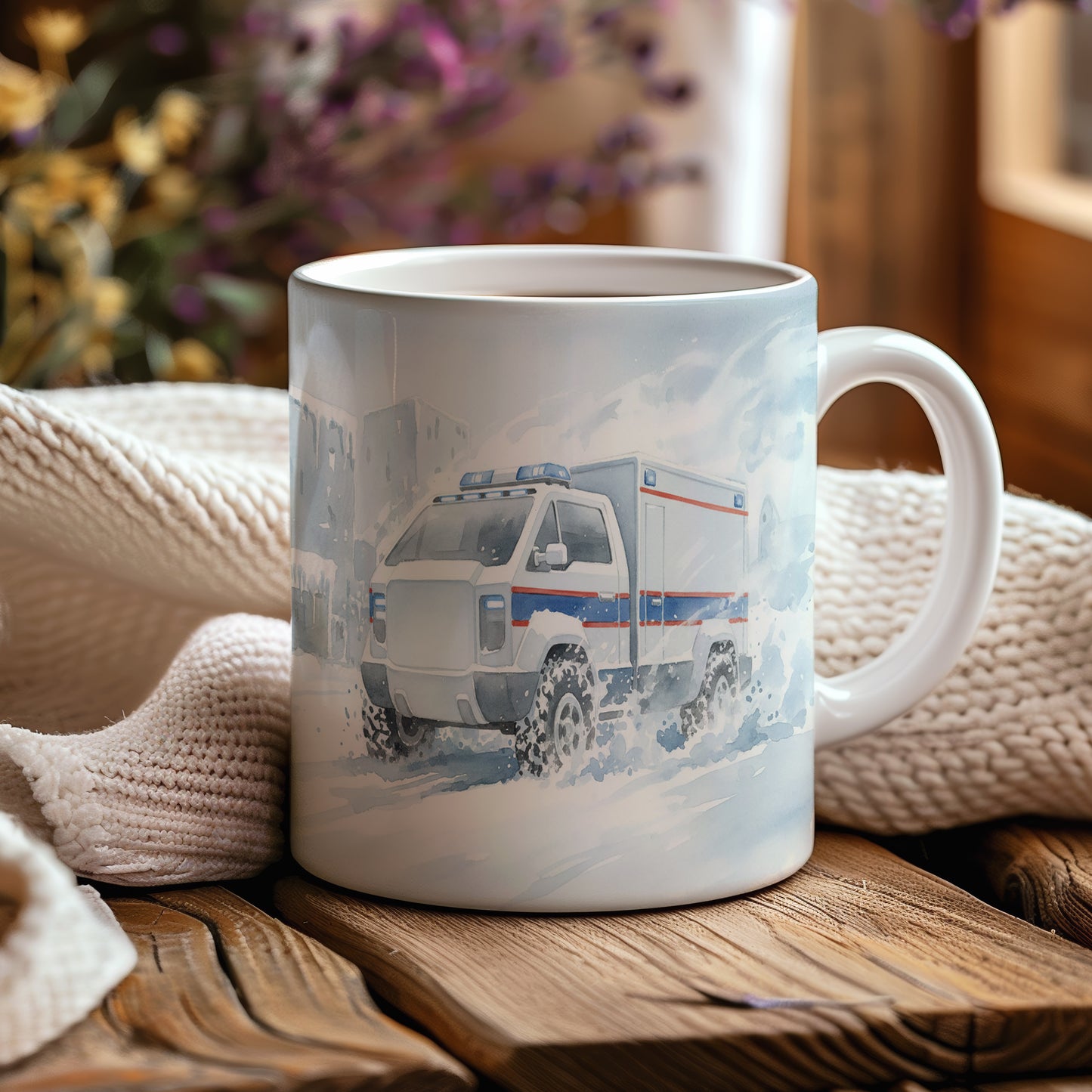 Hrnek s terénní sanitkou ve sněhu