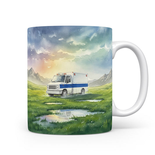 Hrnek s akvarelovou ambulancí na horské louce