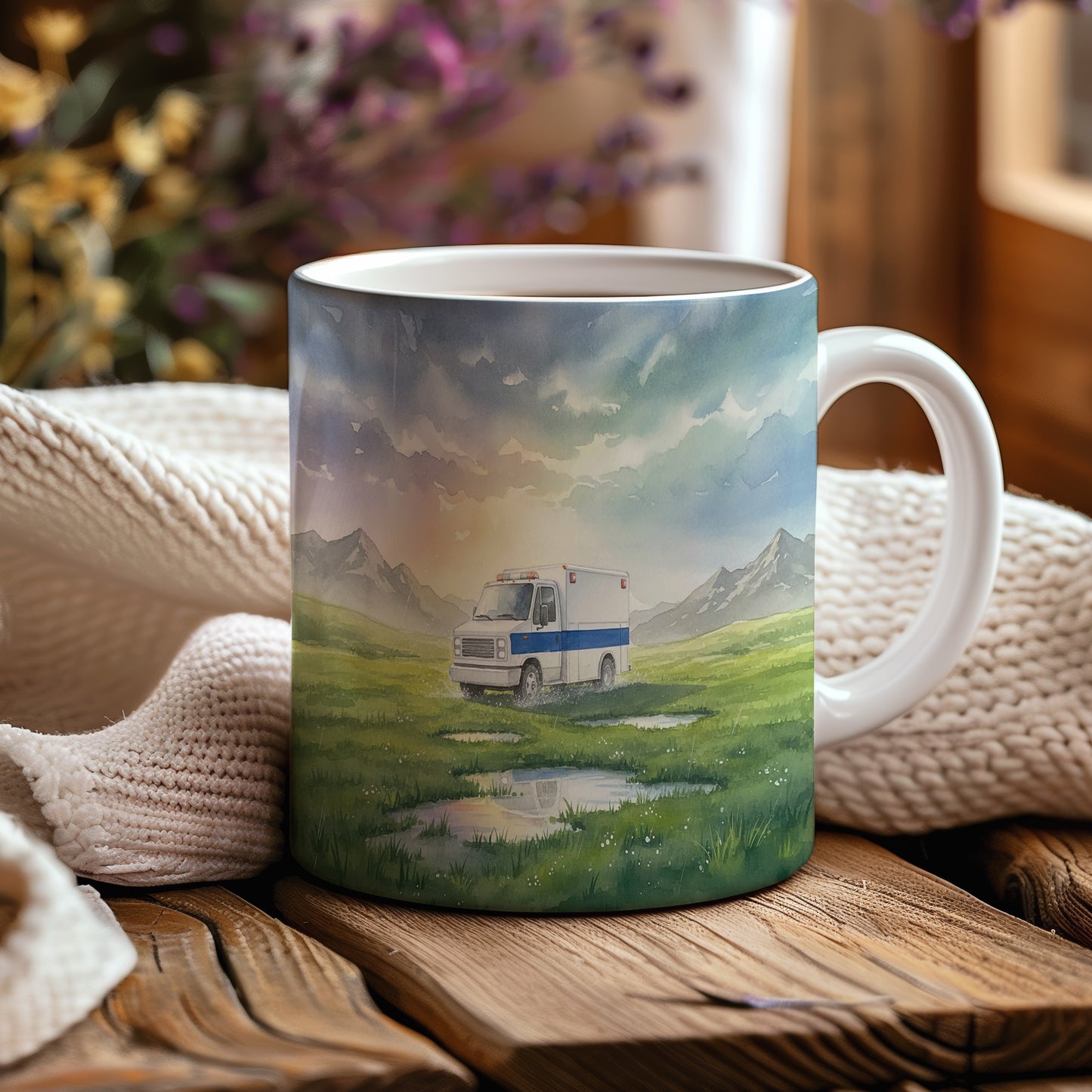 Hrnek s ambulancí na horské louce