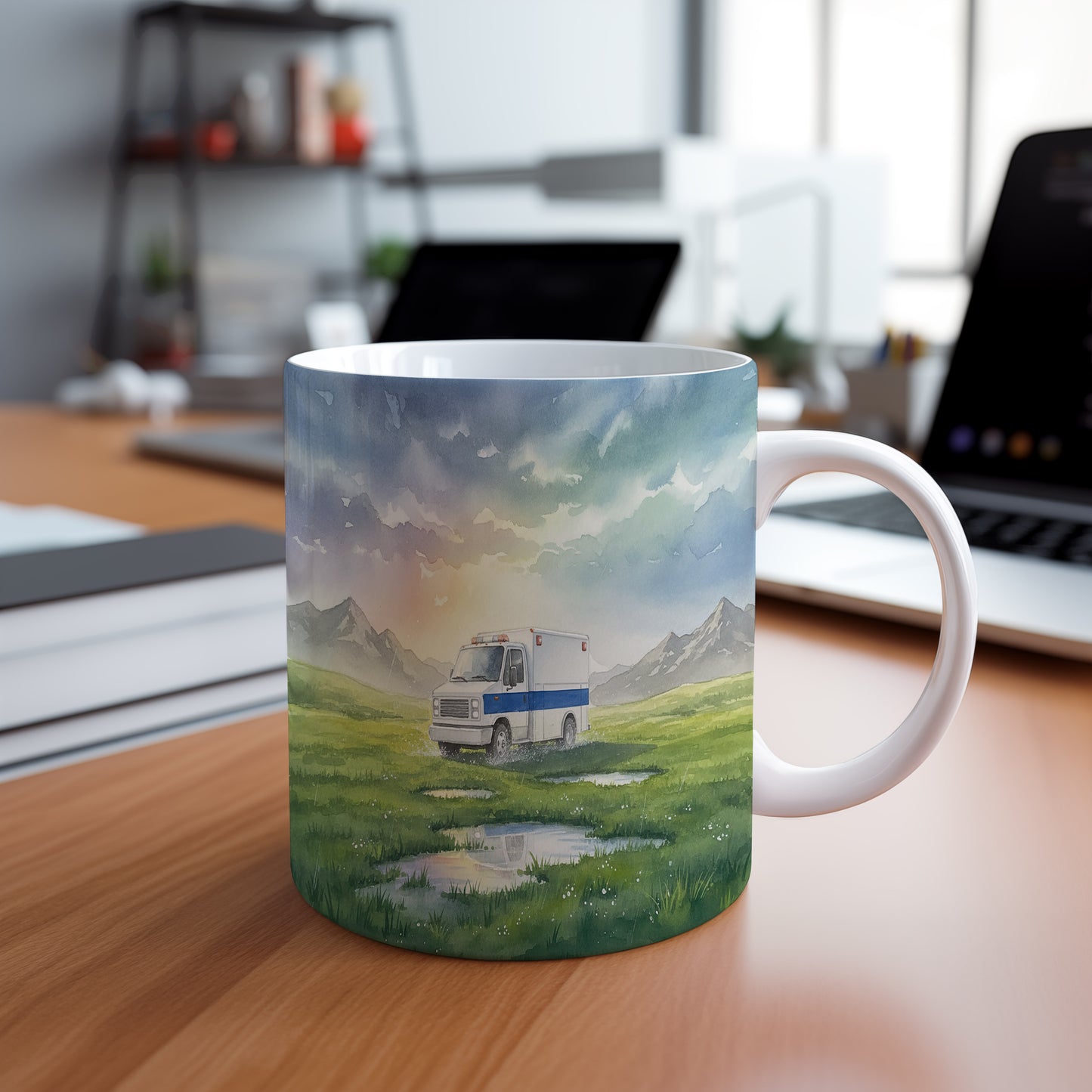 Hrnek s ambulancí na horské louce